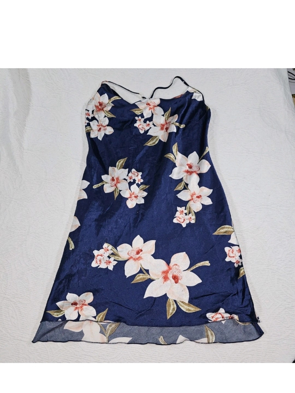 Floral Satin Slip Dress Mini Cowl Womens L Navy Y2K Romantic Resort 90s Coquette